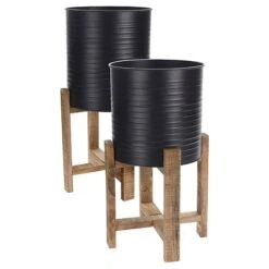 Idooka Metal Barrel Plant Pot Pair With Wooden Stands -Garden Supplies Sale FZ30005 PLANTERS.Black .Main