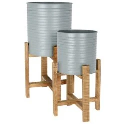Idooka Metal Barrel Plant Pot Pair With Wooden Stands -Garden Supplies Sale FZ30005 PLANTERS.Grey .Main
