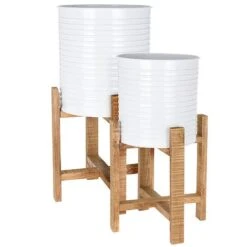 Idooka Metal Barrel Plant Pot Pair With Wooden Stands -Garden Supplies Sale FZ30005 PLANTERS.White .Main