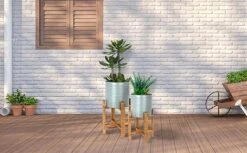 Idooka Metal Barrel Plant Pot Pair With Wooden Stands -Garden Supplies Sale FZ3000520 grey